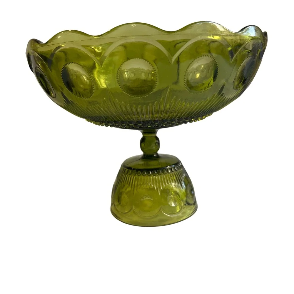 Vintage Bartlett-Collins Avocado Green Glass Pedestal Bowl St Genevieve